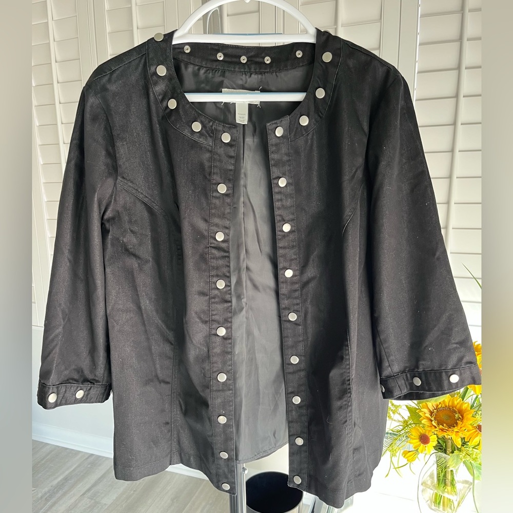 DRESSBARN Black Open Front Blazer Silver Studded Accents 3/4 Sleeves Size 18/20 - Picture 2 of 9